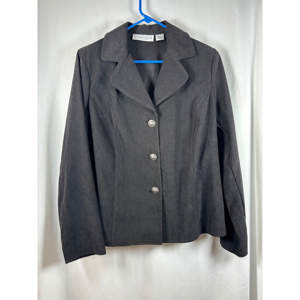 Sag Harbor Stretch Black Faux Suede Button Front Blazer Jacket Women Small